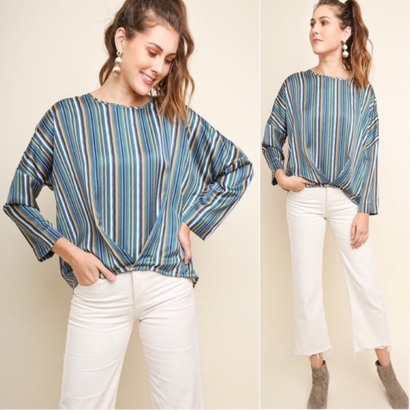 Umgee Teal Satin Hi Low Striped Top, S-M - Picture 5 of 8